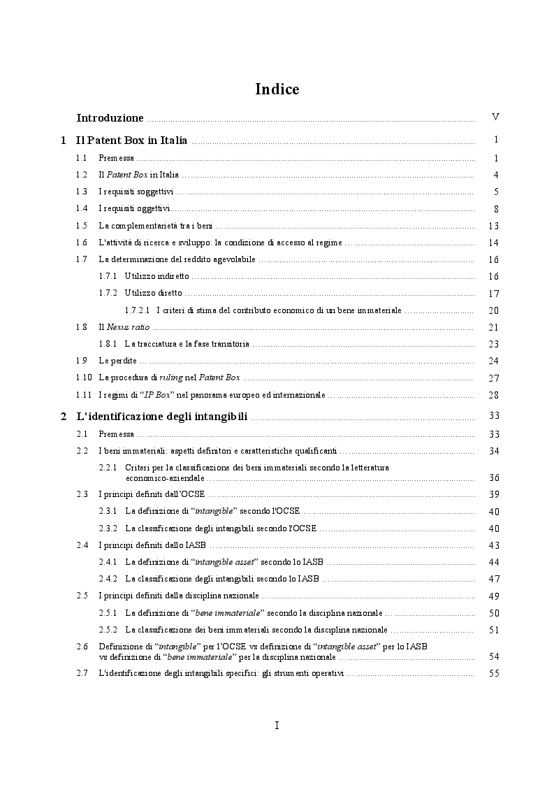Indice della tesi: Aspetti valutativi nella disciplina del Patent Box: criticità e prospettive, Pagina 1