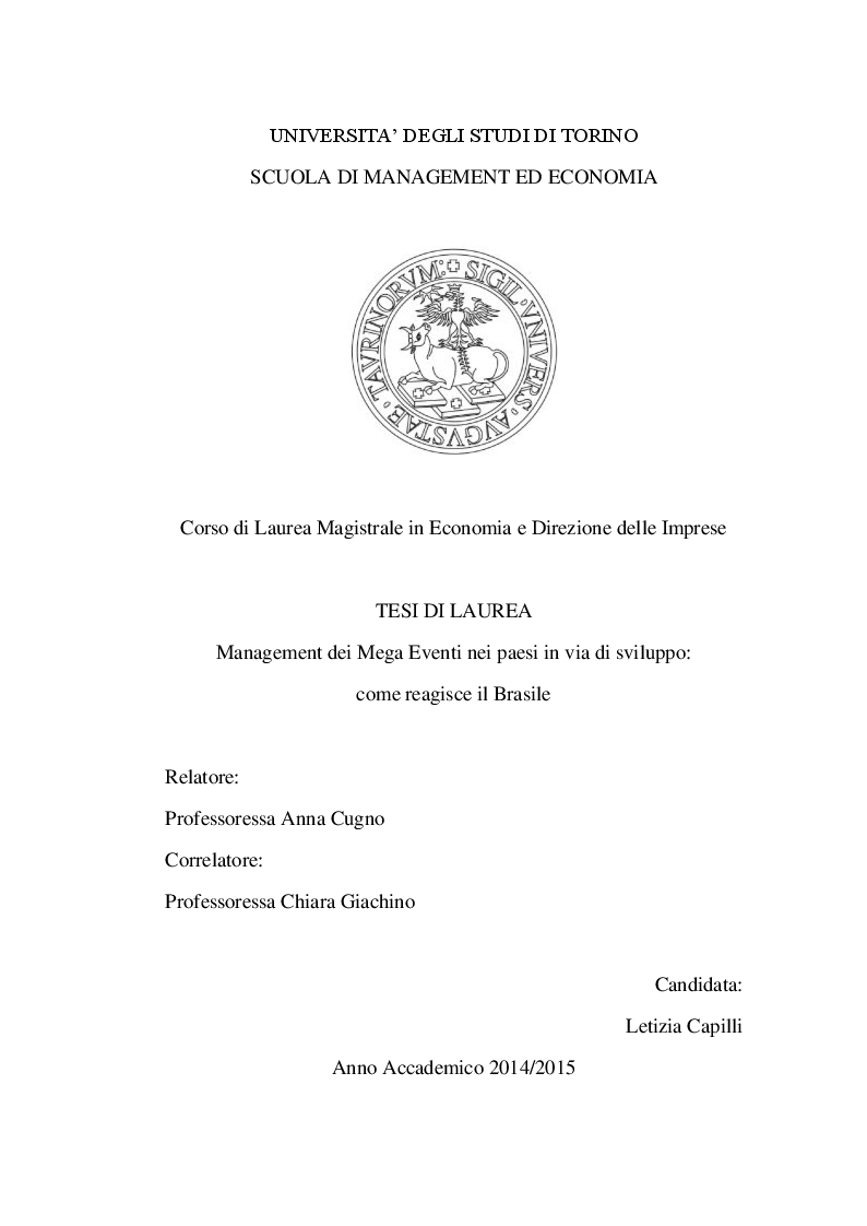 Anteprima della tesi: Management dei Mega Eventi nei paesi in via di sviluppo: come reagisce il Brasile, Pagina 1