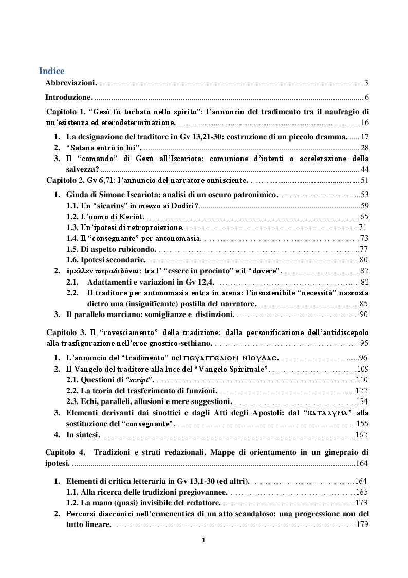 Indice della tesi: L'annuncio del tradimento in Giovanni e nel "Vangelo di Giuda". Un confronto in prospettiva diacronica, Pagina 1