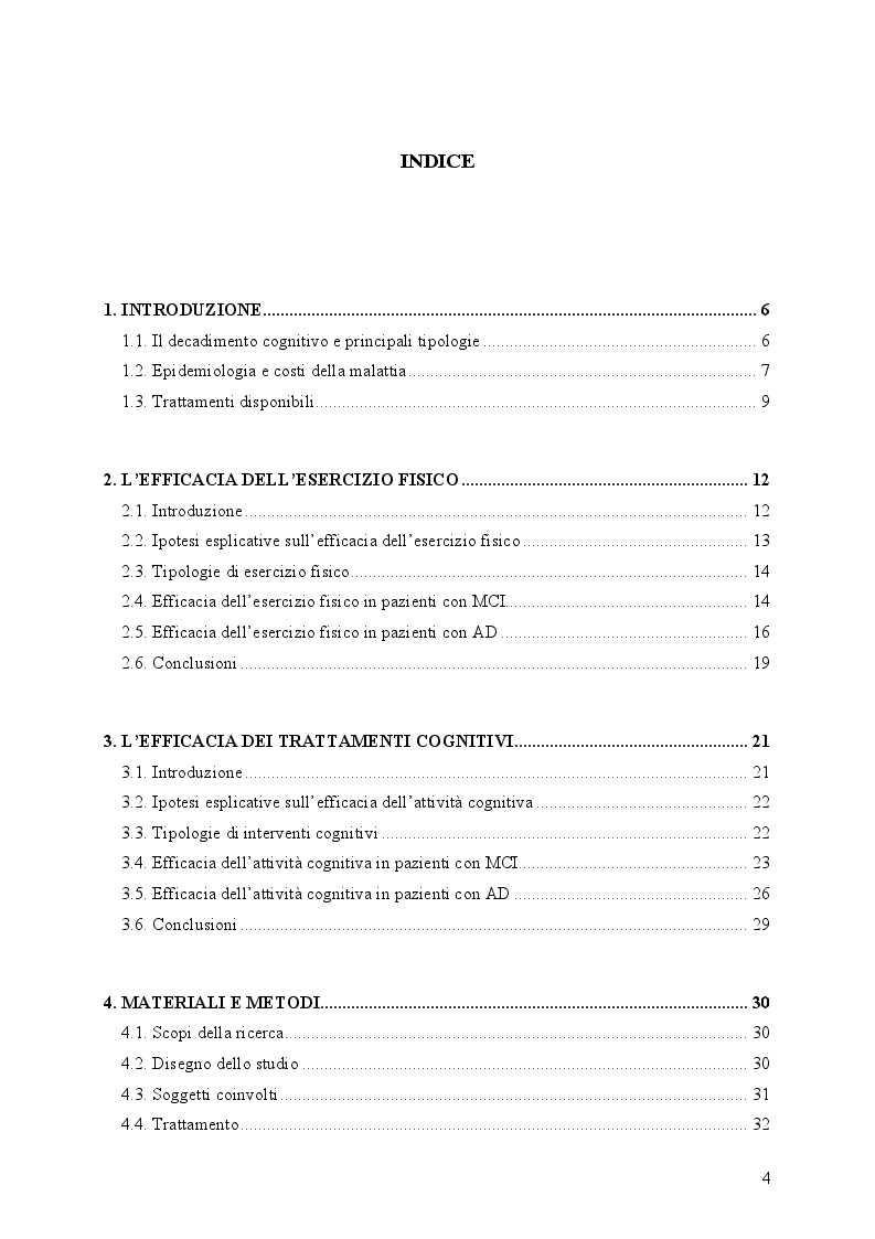 Indice della tesi: Confronto fra trattamento motorio e trattamento cognitivo in pazienti con MCI e Malattia di Alzheimer di grado lieve e moderato, Pagina 1