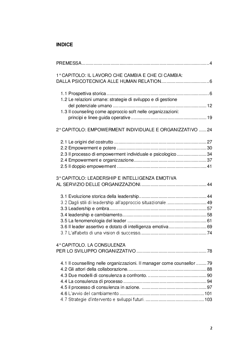 Indice della tesi: Dirigere con la mente o con il cuore? Dall'autorità all'autorevolezza: new perspectives management, Pagina 1