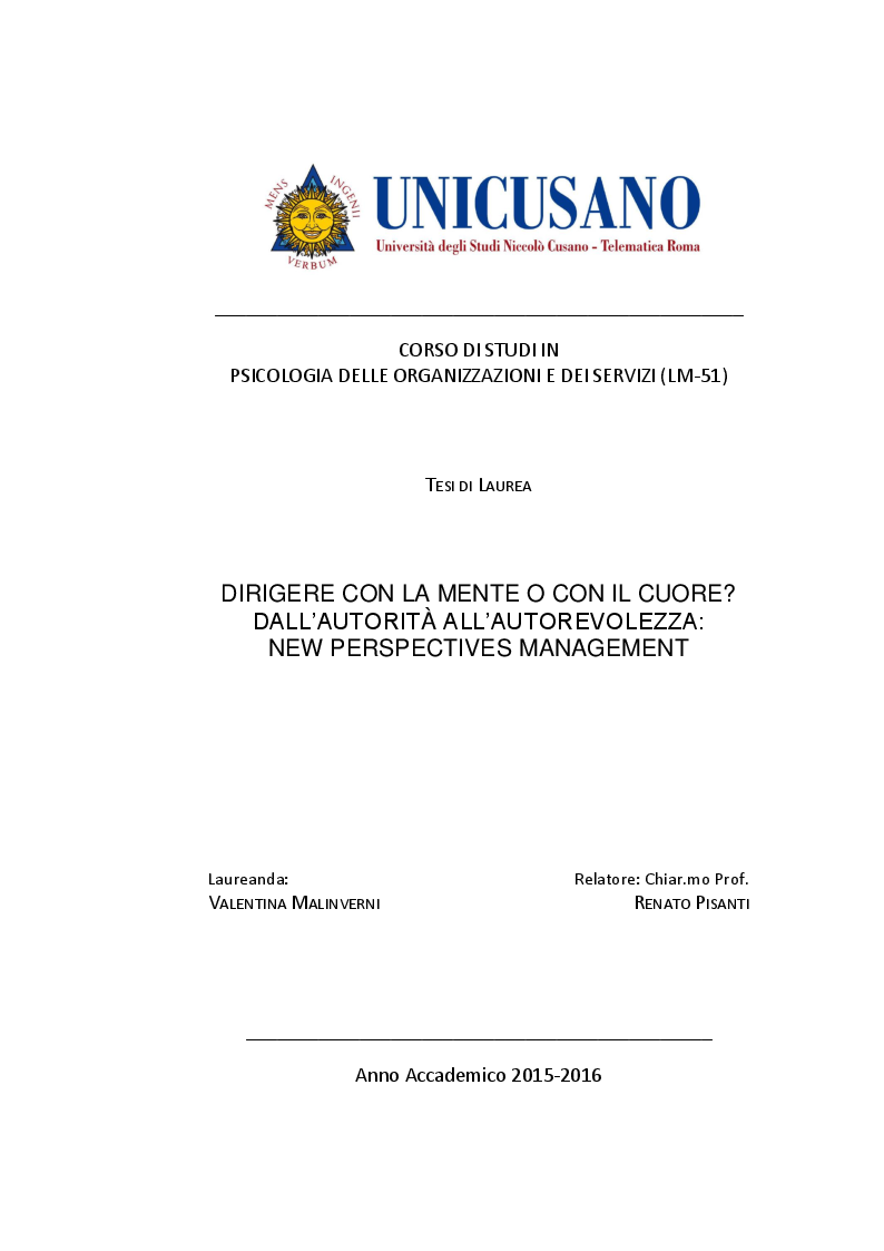 Anteprima della tesi: Dirigere con la mente o con il cuore? Dall'autorità all'autorevolezza: new perspectives management, Pagina 1