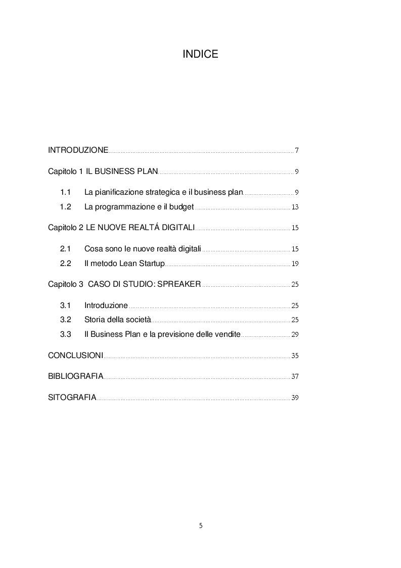Indice della tesi: Il business plan nelle nuove realtà digitali, Pagina 1