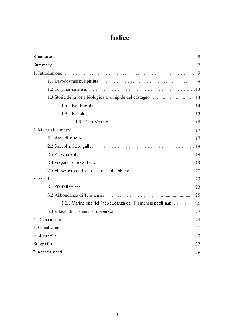 Indice della tesi: Lotta biologica al cinipide del castagno in Veneto: metodi di allevamento di Torymus sinensis e verifica della parassitizzazione, Pagina 1