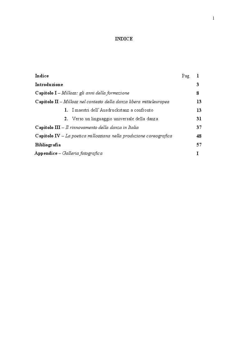 Indice della tesi: Aurel Milloss - La sublimazione della danza ad arte totale, Pagina 1