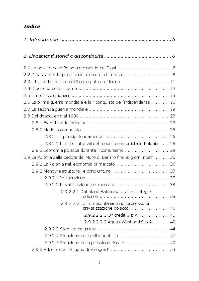 Indice della tesi: L'economia polacca: dalla transizione ''difficile'' ai percorsi di crescita nel contesto internazionale, Pagina 1