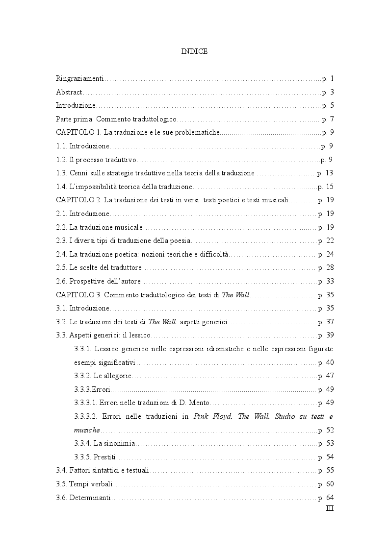 Indice della tesi: Traduzione, analisi e commento traduttologico di un concept album: The Wall (Pink Floyd), Pagina 1