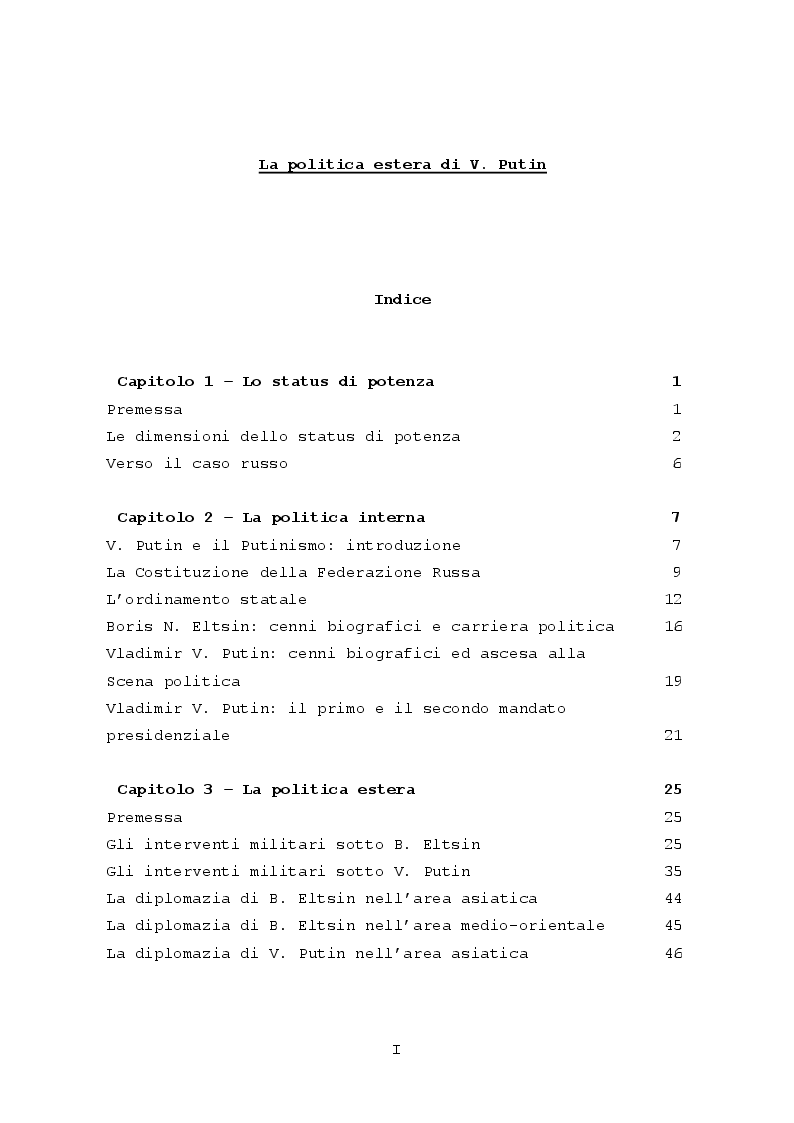 Indice della tesi: La Politica Estera di V. Putin, Pagina 1