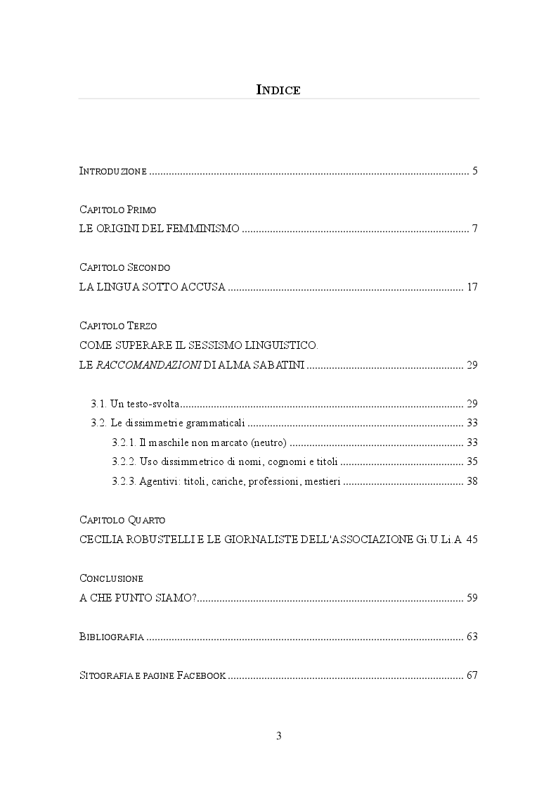 Indice della tesi: Parlare ''donna''. Dalla lotta per i diritti fondamentali a una nuova consapevolezza linguistica, Pagina 1