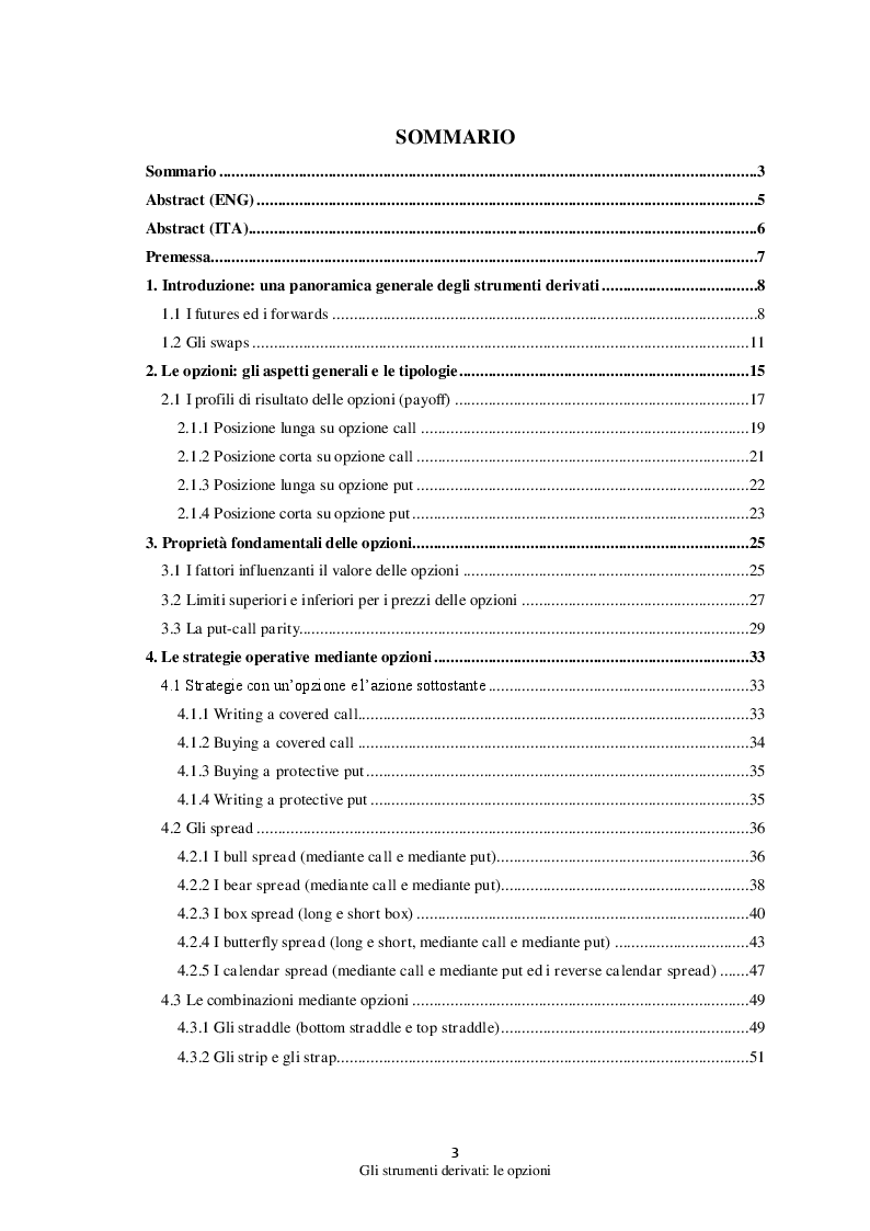 Indice della tesi: Gli strumenti derivati: Le opzioni, Pagina 1