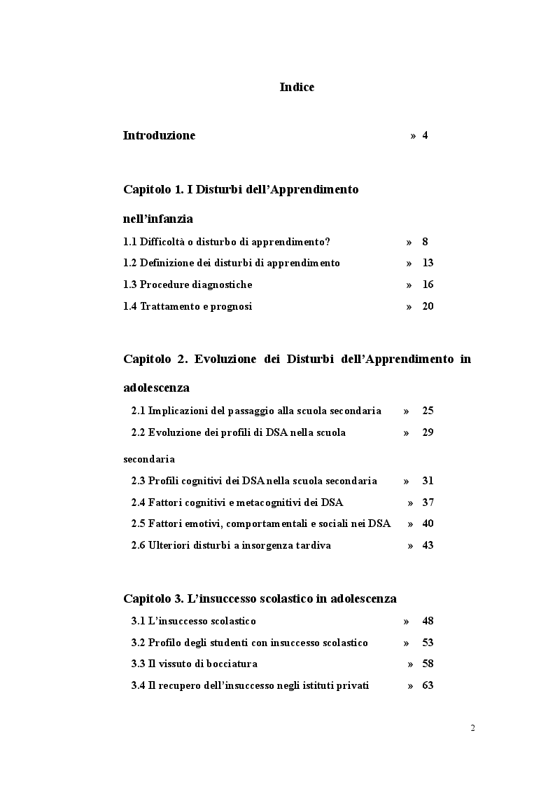 Indice della tesi: Profilo metacognitivo, cognitivo ed emotivo in un campione di studenti con insuccesso scolastico, Pagina 1