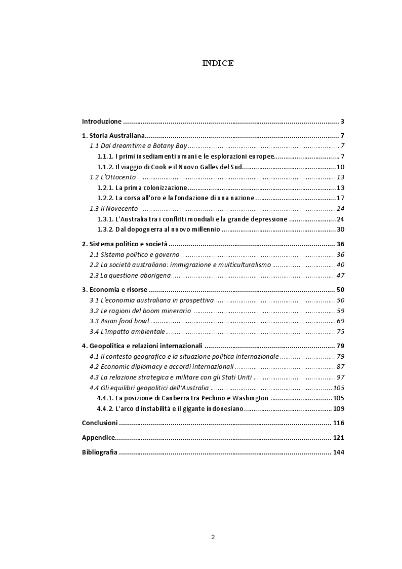 Indice della tesi: Equilibri geopolitici e strategici nell'Australia del boom economico, Pagina 1