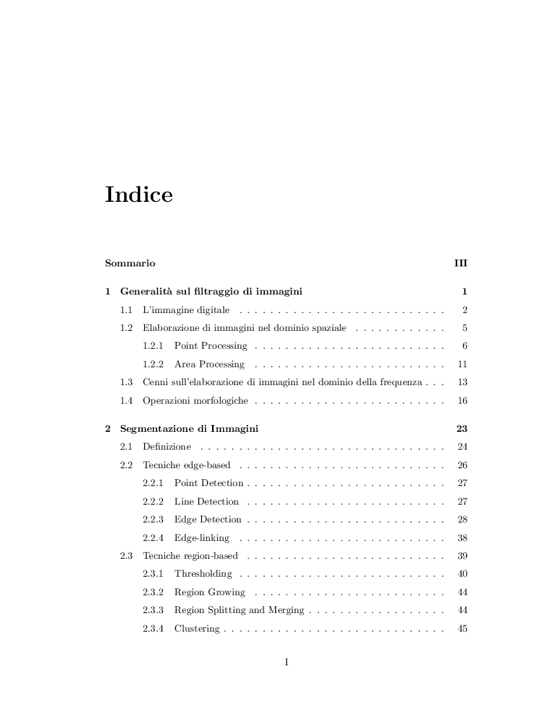 Indice della tesi: La segmentazione delle immagini nell'ambito di applicazioni biologiche, Pagina 1