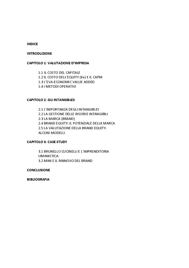 Indice della tesi: L'importanza degli intangibles nella valutazione d'impresa, Pagina 1