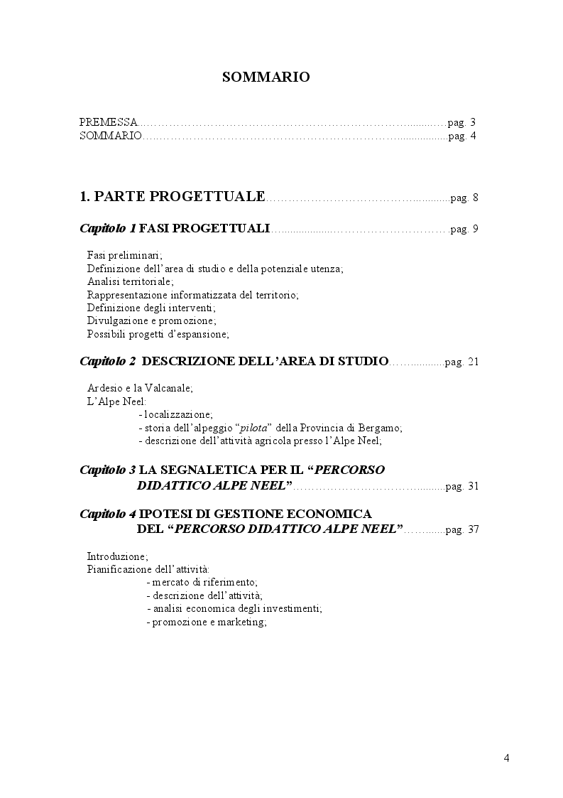 Indice della tesi: Percorso didattico Alpe Neel: Progetto pilota di valorizzazione multifunzionale di un alpeggio in Valle Seriana, Pagina 1