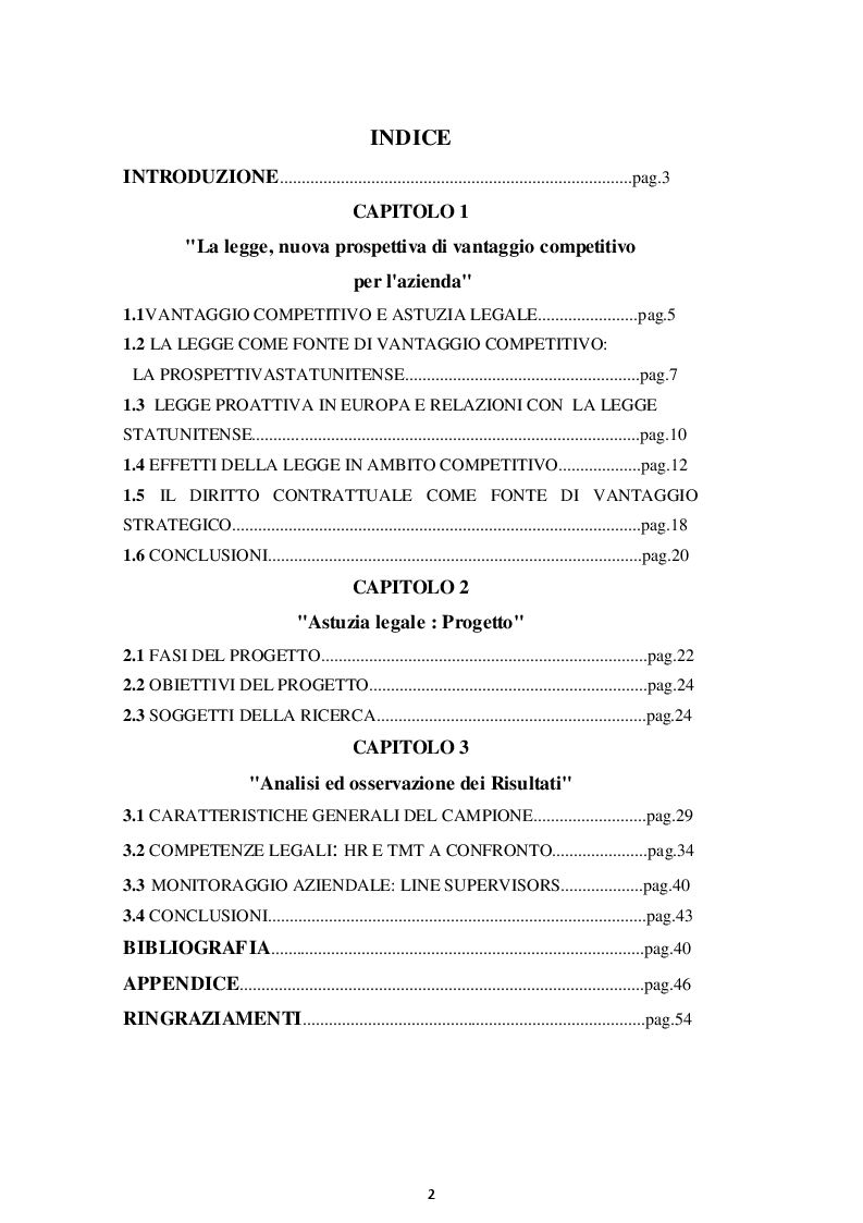 Indice della tesi: Astuzia Manageriale come fonte di vantaggio competitivo: alcune evidenze da una ricerca sul campo, Pagina 1