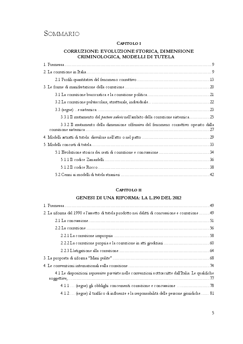 Indice della tesi: La riforma dei reati di corruzione nella tutela della Pubblica Amministrazione, Pagina 1