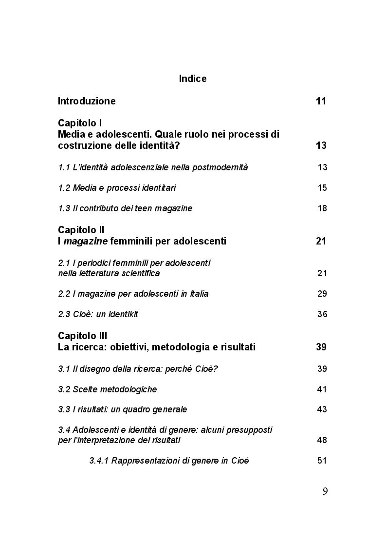 Indice della tesi: L’adolescenza con gli occhi di un teen magazine. Modelli e rappresentazioni per le giovani lettrici di Cioè, Pagina 1