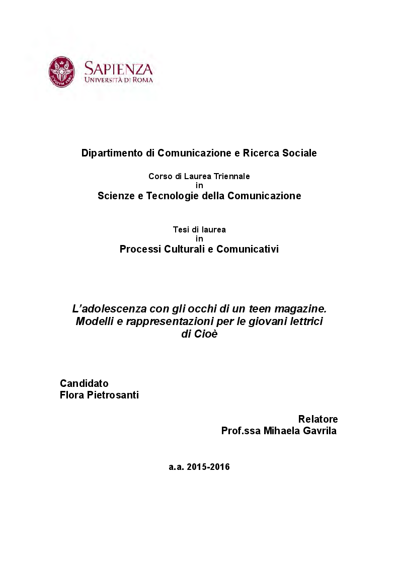 Anteprima della tesi: L’adolescenza con gli occhi di un teen magazine. Modelli e rappresentazioni per le giovani lettrici di Cioè, Pagina 1