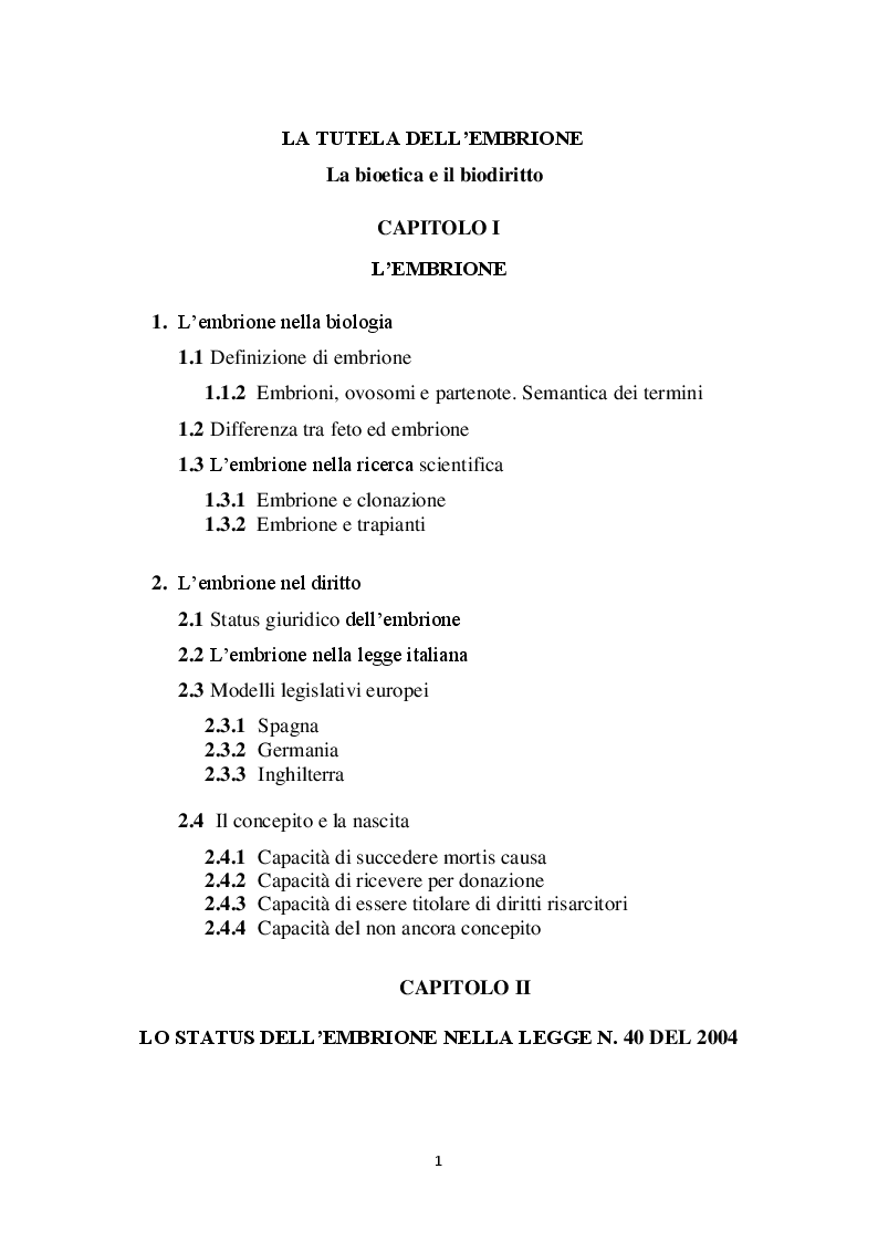 Indice della tesi: La tutela dell'embrione, Pagina 1