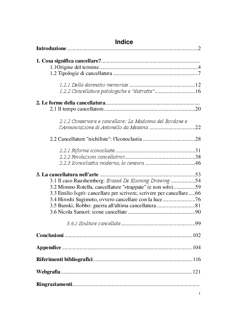Indice della tesi: Ma tu che sol per cancellare scrivi. L'arte e la cancellatura, Pagina 1