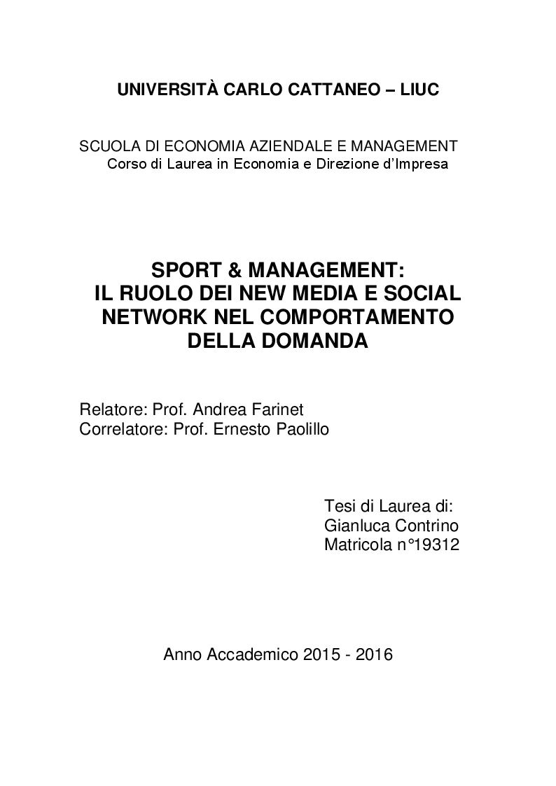 Anteprima della tesi: Sport & Management: Il ruolo dei new media e social network nel comportamento della domanda, Pagina 1