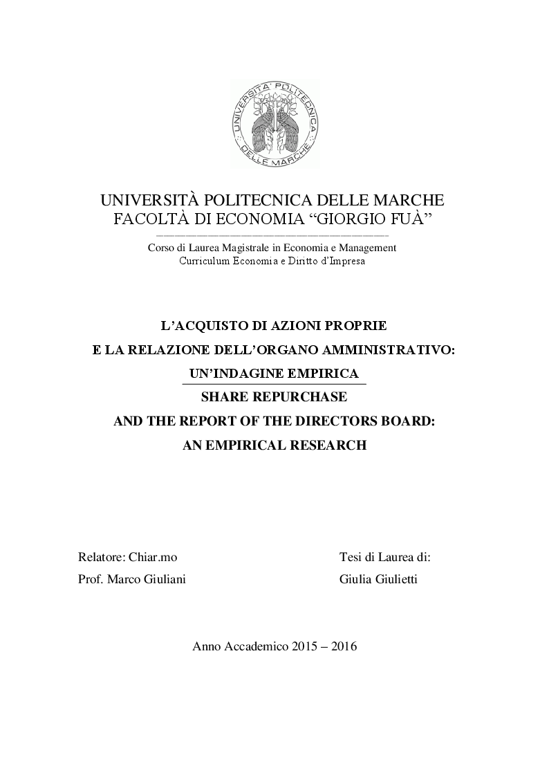 Anteprima della tesi: L'acquisto di azioni proprie e la relazione dell'organo amministrativo: un'indagine empirica, Pagina 1