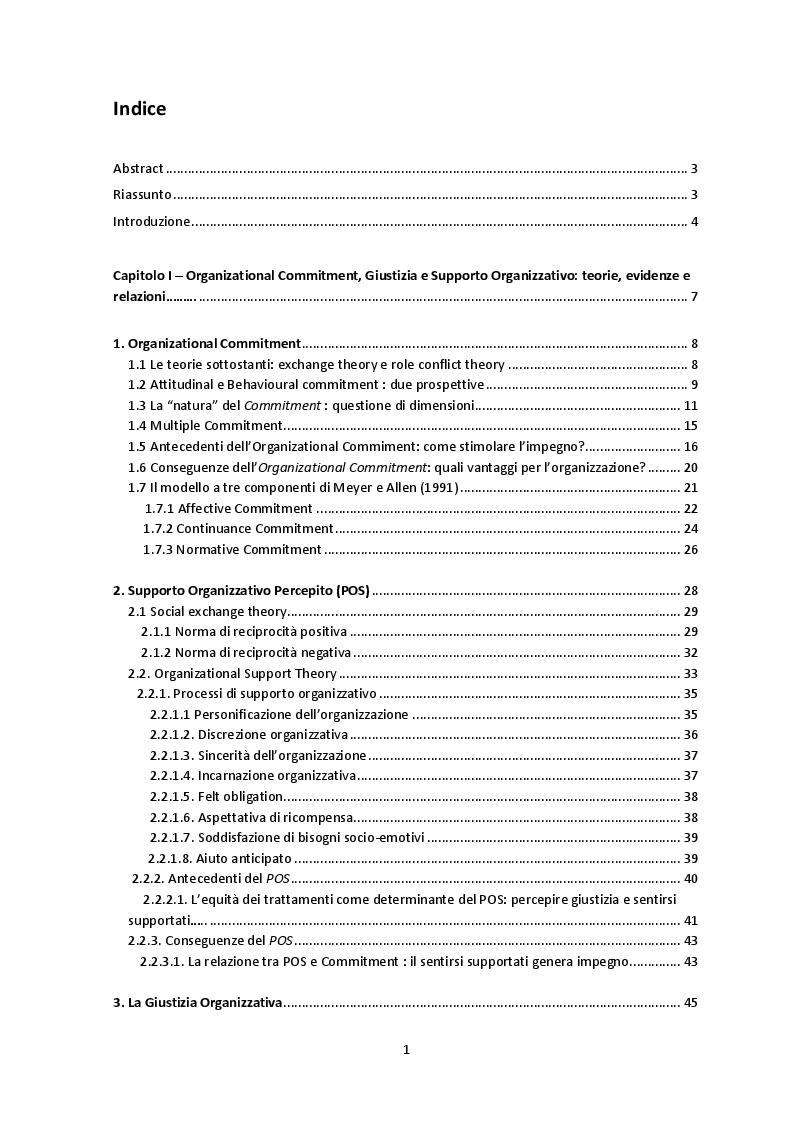 Indice della tesi: La Percezione di Giustizia e l’Organizational Commitment: il ruolo del Perceived Organizational Support, Pagina 1