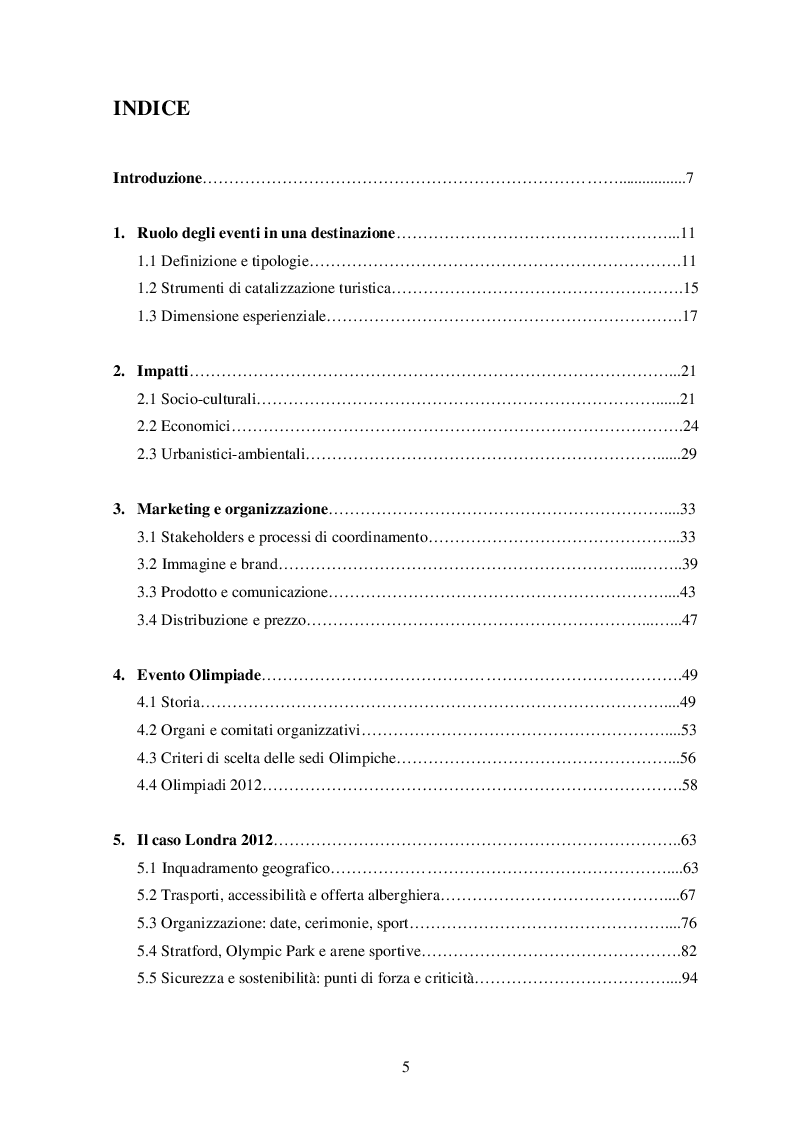 Indice della tesi: Ruolo, impatto e marketing degli eventi. Il Caso Londra 2012. , Pagina 1