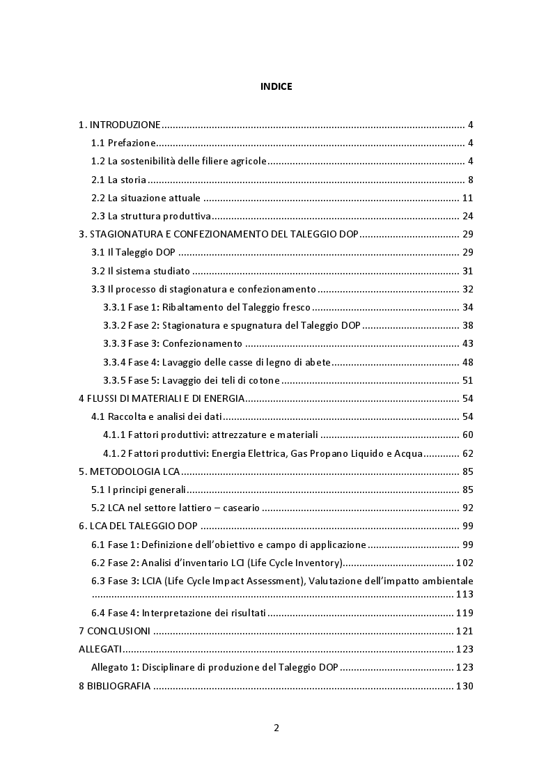 Indice della tesi: Analisi energetica e Life Cycle Assesment dei processi di stagionatura e confezionamento del Taleggio DOP, Pagina 1