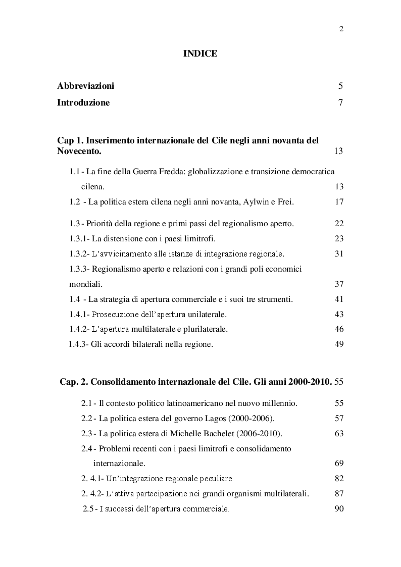 Indice della tesi: L'apertura internazionale del Cile dal 1990 al 2015, Pagina 1