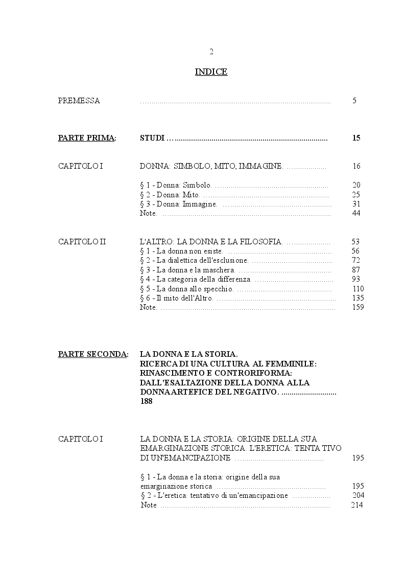 Indice della tesi: Il mito dell'Altro: la donna e la filosofia nella società dell'Europa Occidentale - Ricerca di una cultura al femminile Rinascimento e Controriforma: dall'esaltazione della femminilità agli scritti misogini del Seicento, Pagina 1