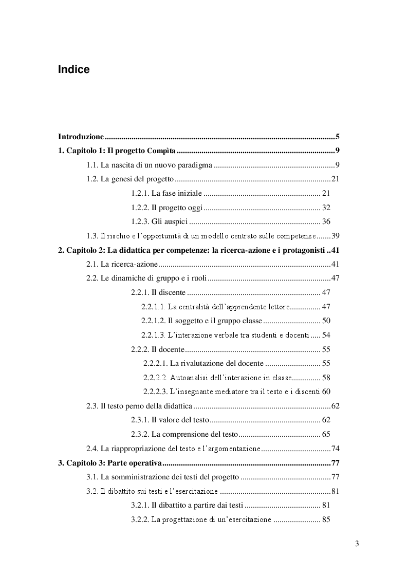 Indice della tesi: Educazione linguistica e testo letterario: una sperimentazione didattica a partire dal progetto Compita, Pagina 1