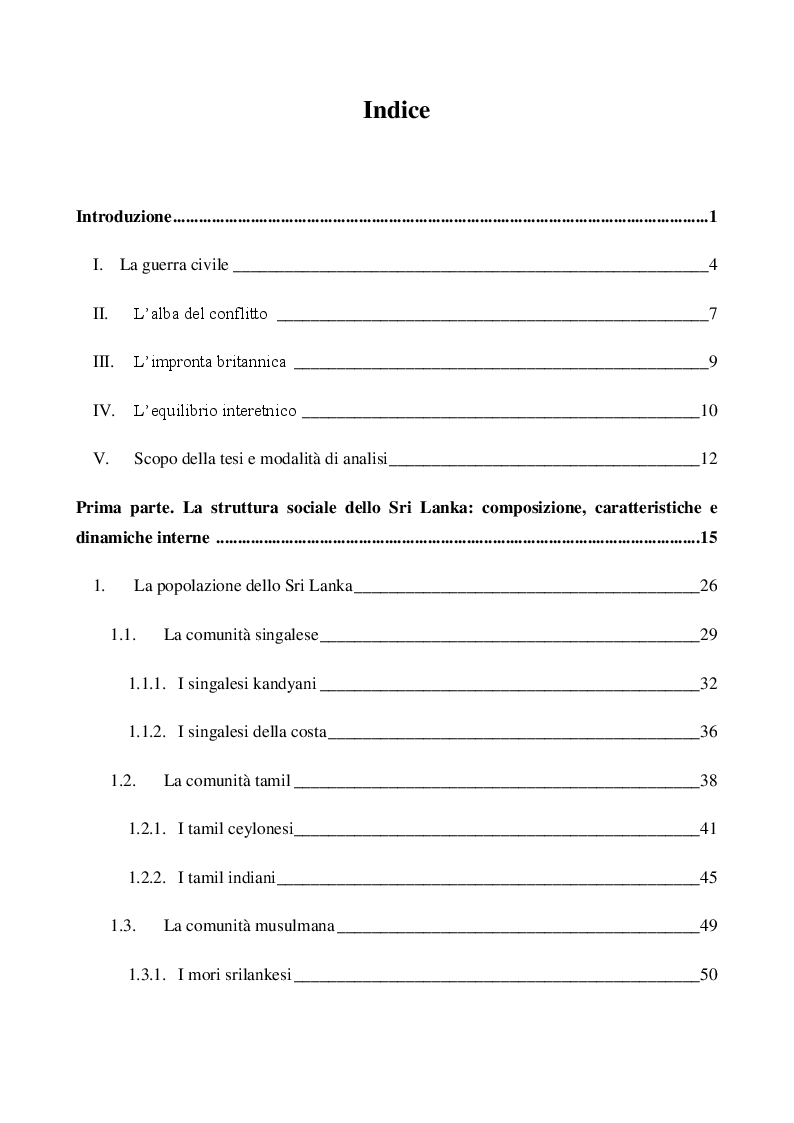 Indice della tesi: Ricomporre il mosaico. Radici socio-politiche della tensione interetnica in Sri Lanka, Pagina 1