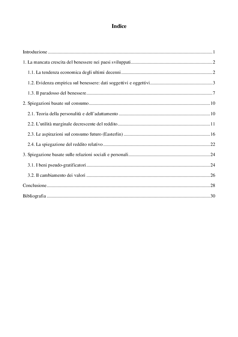 Indice della tesi: Reddito e felicità: alcuni paradossi, Pagina 1