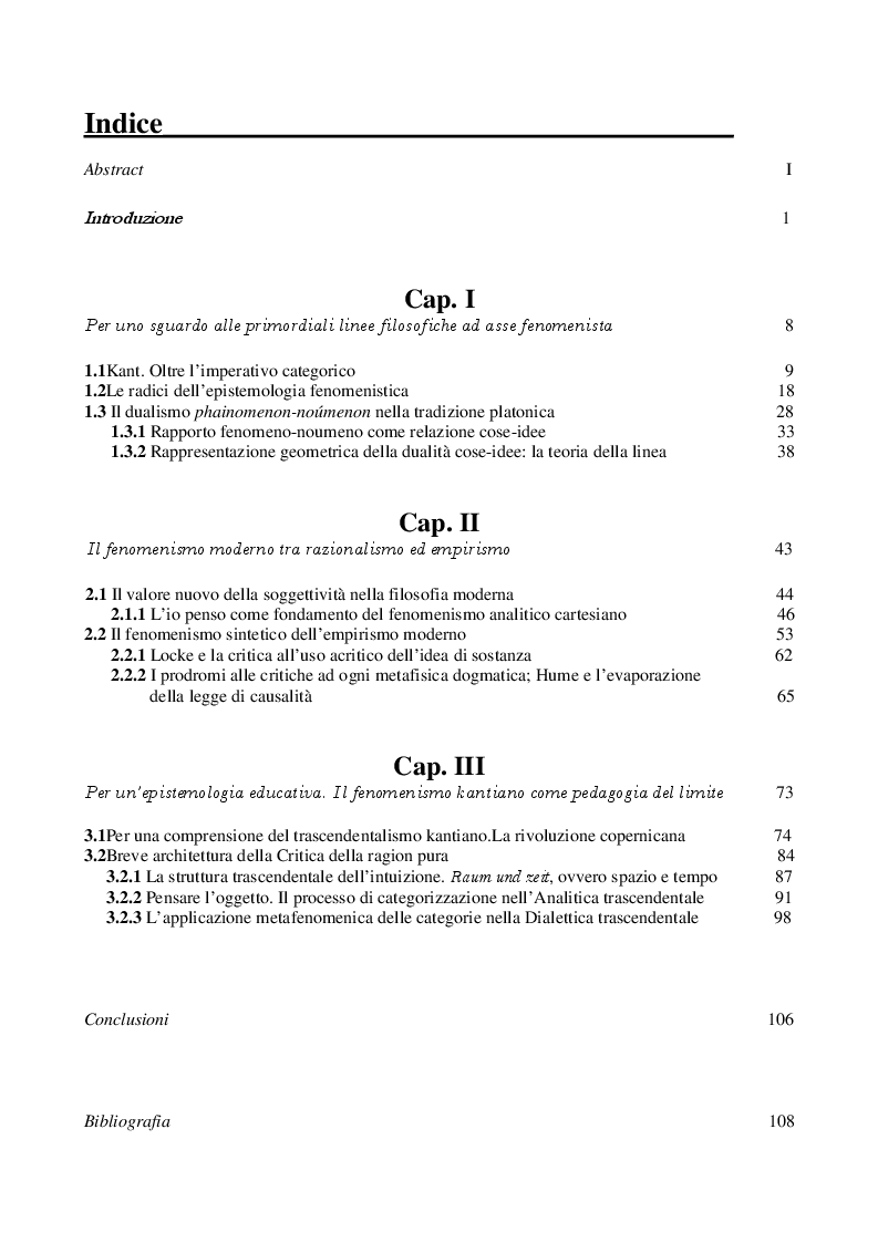 Indice della tesi: L'educazione fenomenistica nella prospettiva kantiana, Pagina 1