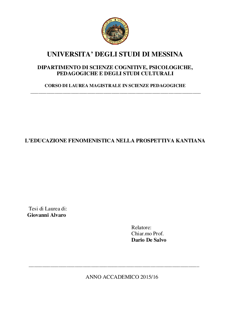 Anteprima della tesi: L'educazione fenomenistica nella prospettiva kantiana, Pagina 1