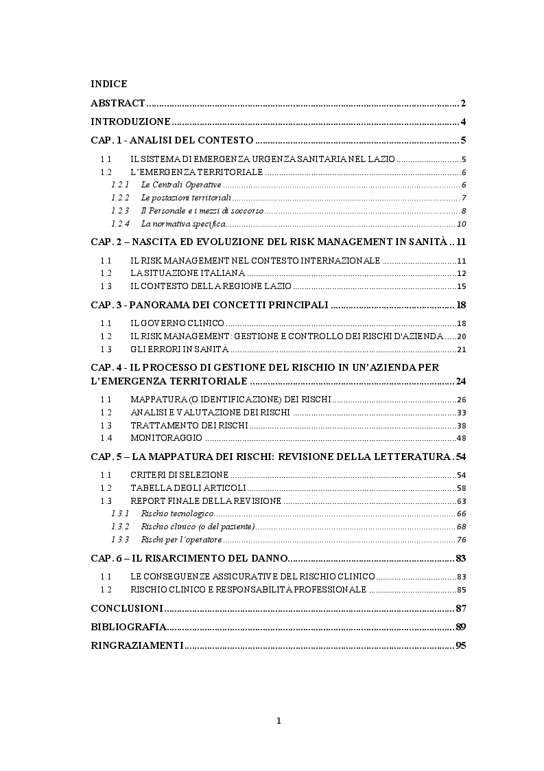 Indice della tesi: Il Risk Management nell'emergenza territoriale, Pagina 1