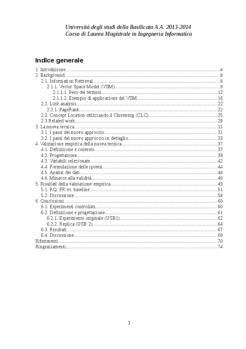 Indice della tesi: Link analysis algorithm per task di concept location: una validazione empirica, Pagina 1