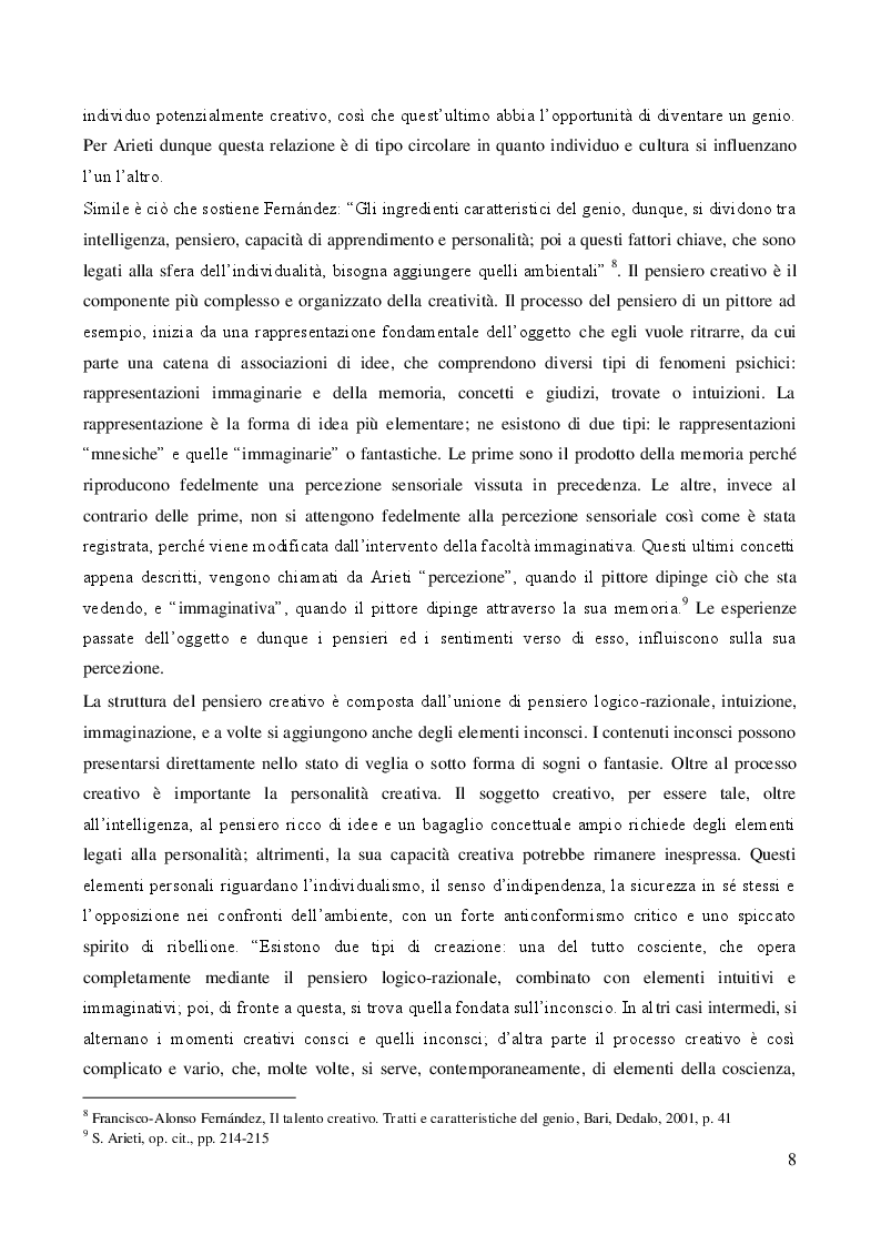 Estratto dalla tesi: Studi sul processo creativo secondo l'approccio psicoanalitico e l'approccio neuroestetico