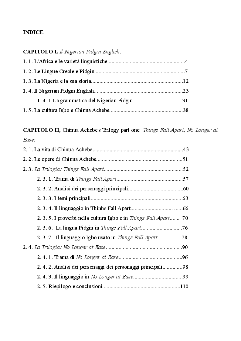 Indice della tesi: La trilogia africana di Chinua Achebe: riflessioni linguistico-culturali, Pagina 1