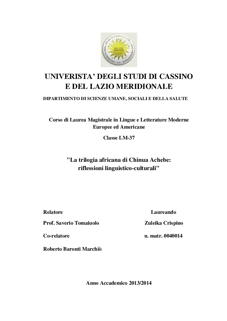 Anteprima della tesi: La trilogia africana di Chinua Achebe: riflessioni linguistico-culturali, Pagina 1