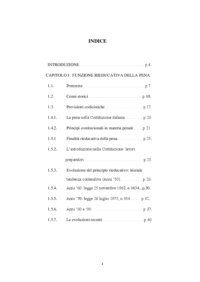 Indice della tesi: Funzione rieducativa della pena e trattamento dei condannati per reati sessuali, Pagina 1