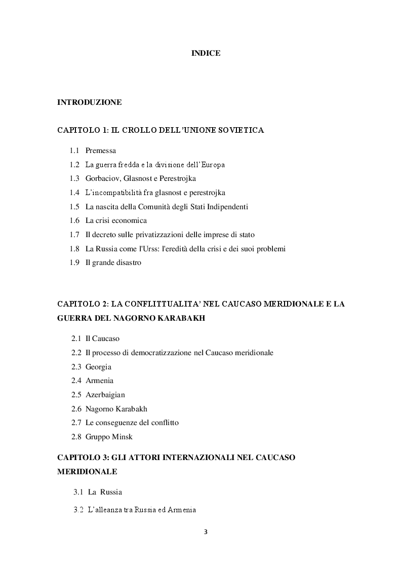 Indice della tesi: La conflittualità nel Caucaso meridionale post-sovietico e la guerra dimenticata del Nagorno Karabakh, Pagina 1