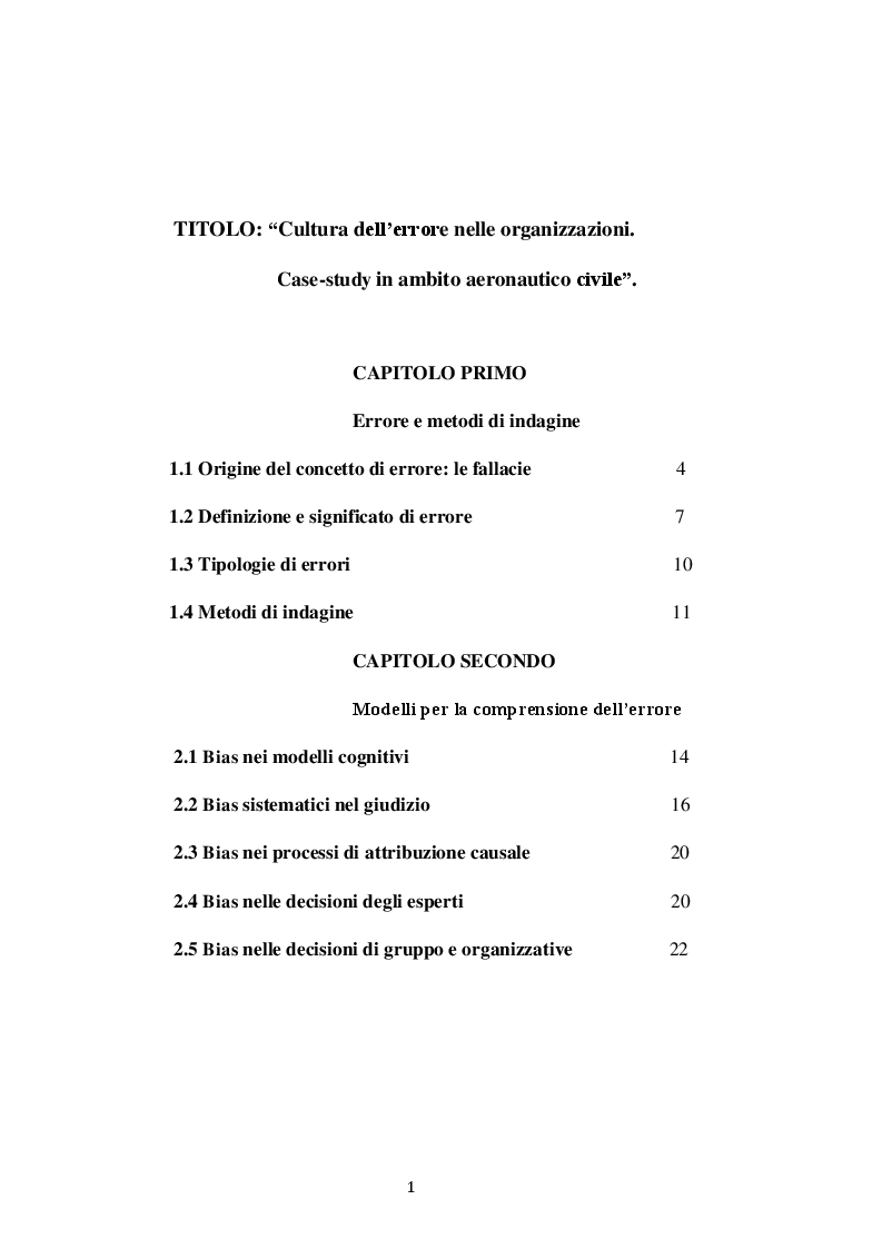 Indice della tesi: Cultura dell'errore nelle organizzazioni. Case-study in ambito aeronautico civile, Pagina 1