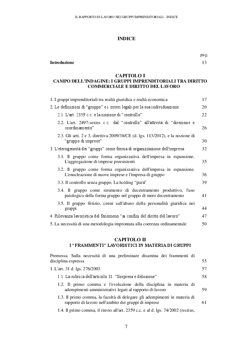 Indice della tesi: Il rapporto di lavoro nei gruppi imprenditoriali, Pagina 1