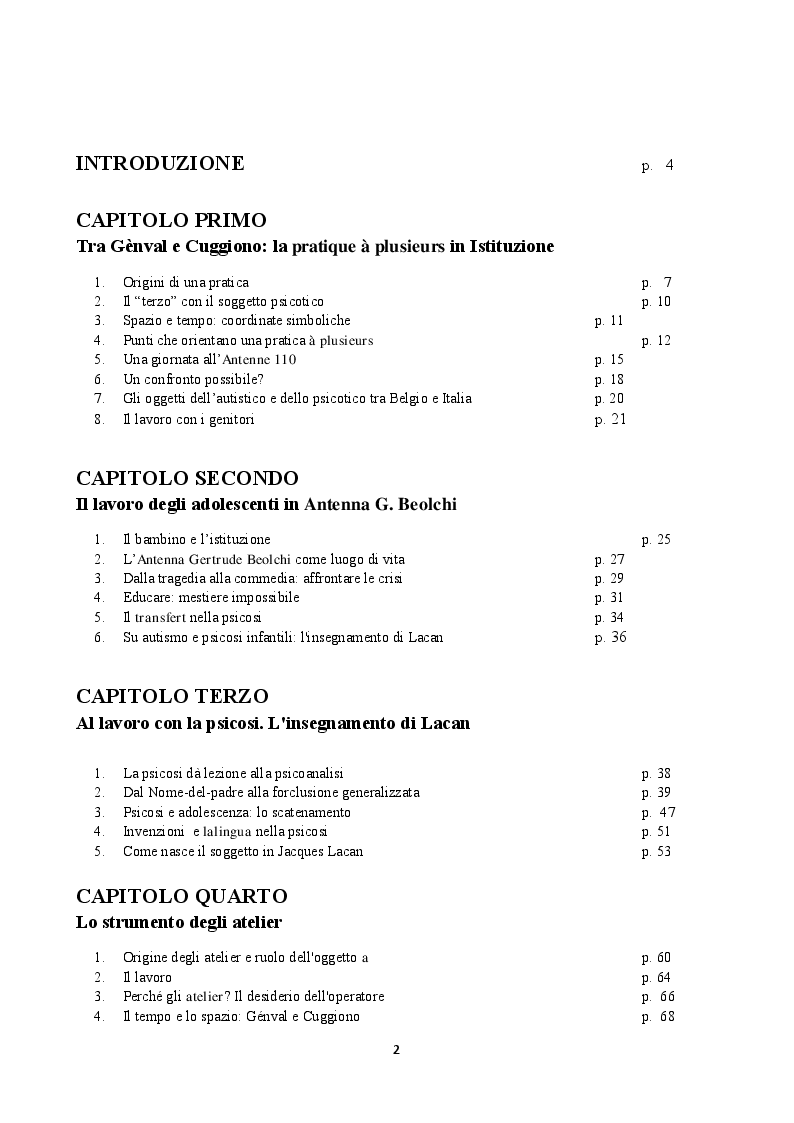Indice della tesi: L'adolescente psicotico in Istituzione. Gli atelier e la pratique a plusieurs in "Antenna G. Beolchi", Pagina 1