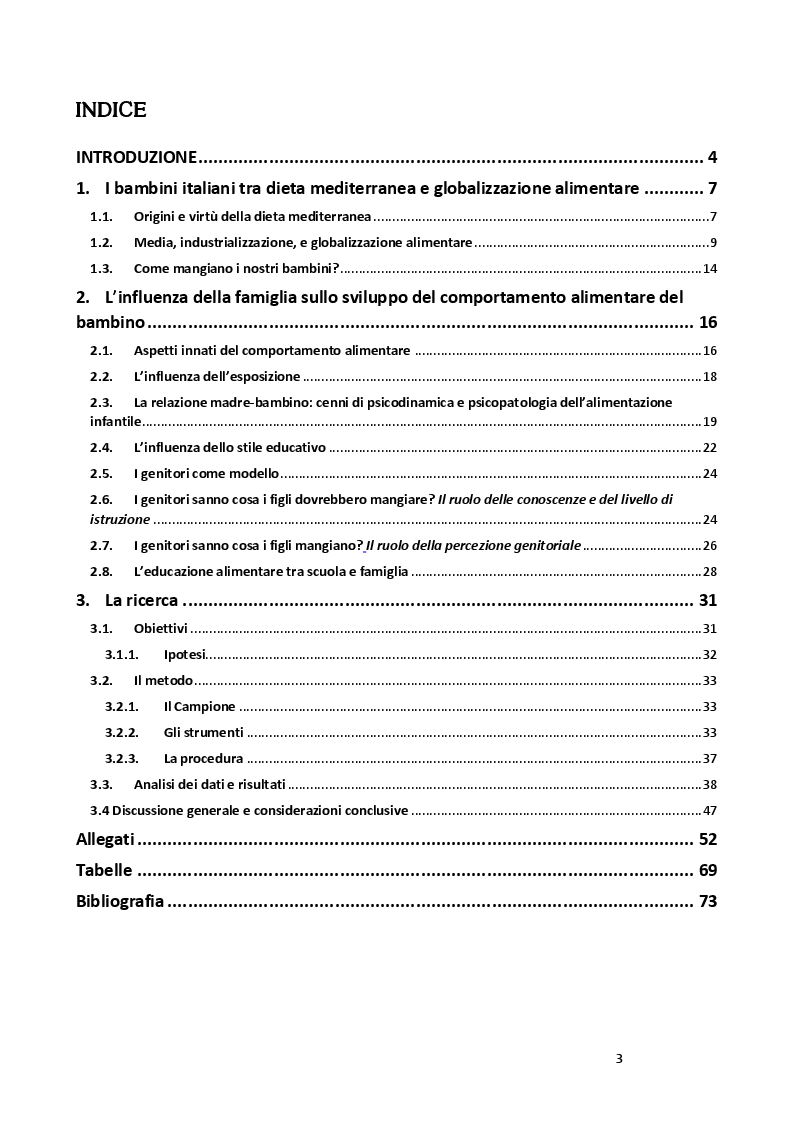 Indice della tesi: Percezione genitoriale e comportamento alimentare del bambino: quale relazione?, Pagina 1