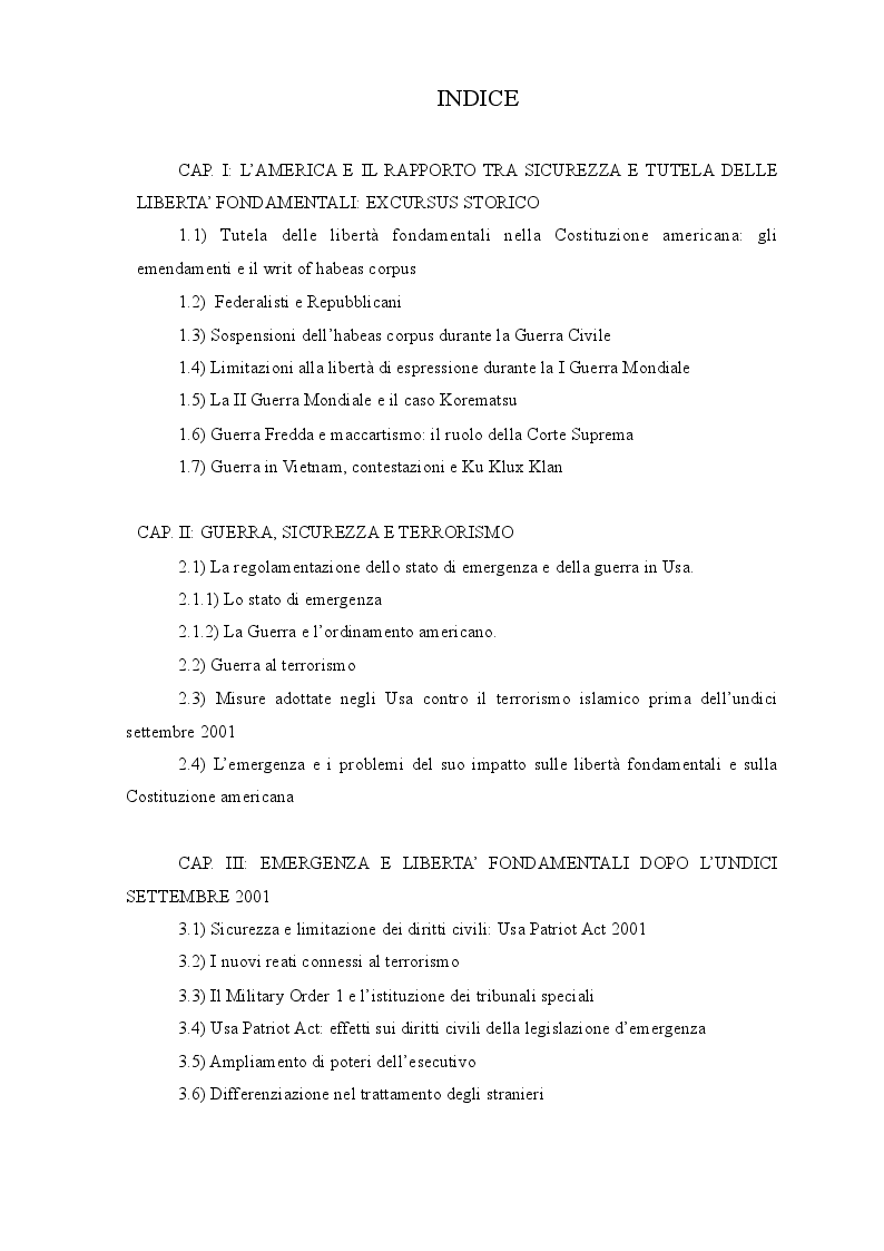 Indice della tesi: La garanzia dei diritti negli Stati Uniti dopo l'emergenza dell'undici settembre 2001, Pagina 1