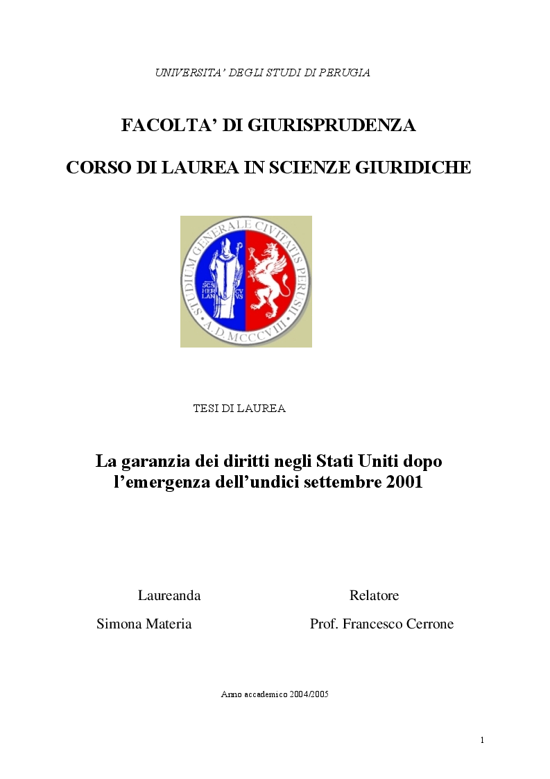 Anteprima della tesi: La garanzia dei diritti negli Stati Uniti dopo l'emergenza dell'undici settembre 2001, Pagina 1